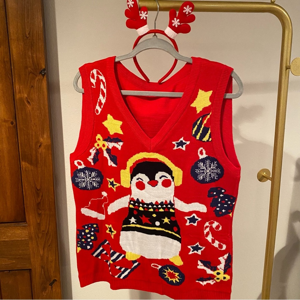 Ugly Christmas Sweater Vest with Headband Women’s Large
